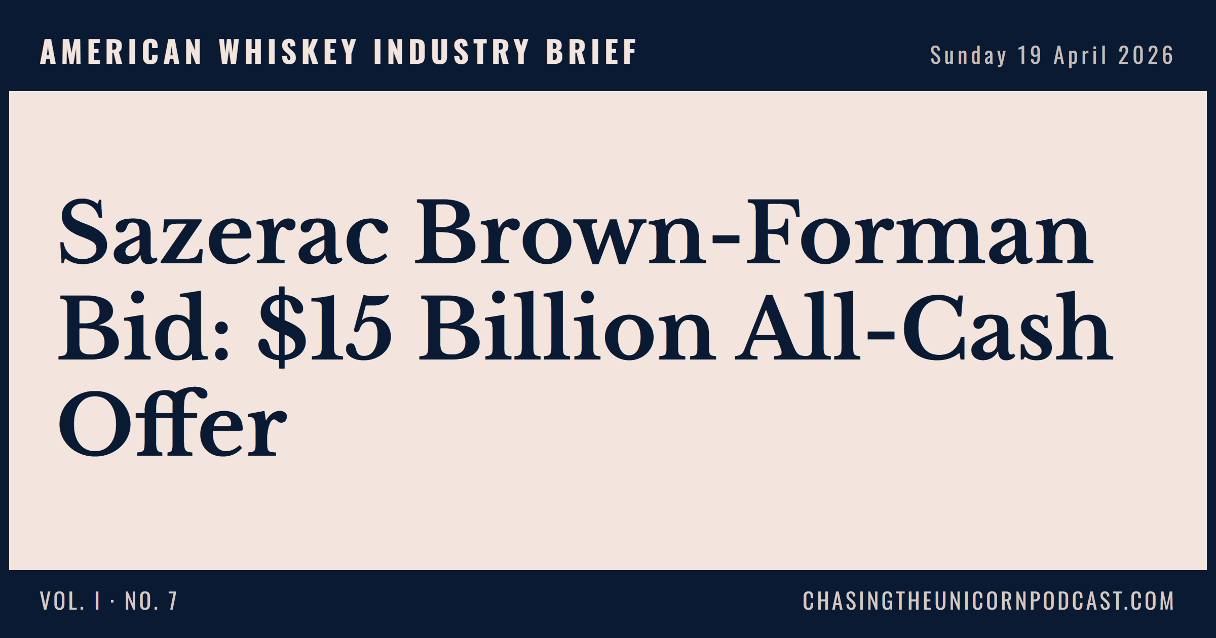 American Whiskey Industry Brief, 19 April 2026 — Sazerac Brown-Forman Bid: $15 Billion All-Cash Offer