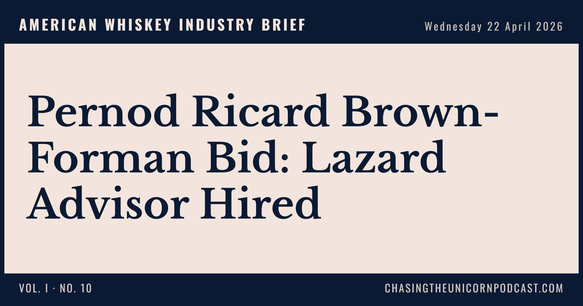 American Whiskey Industry Brief, 22 April 2026 — Pernod Ricard Brown-Forman Bid: Lazard Advisor Hired