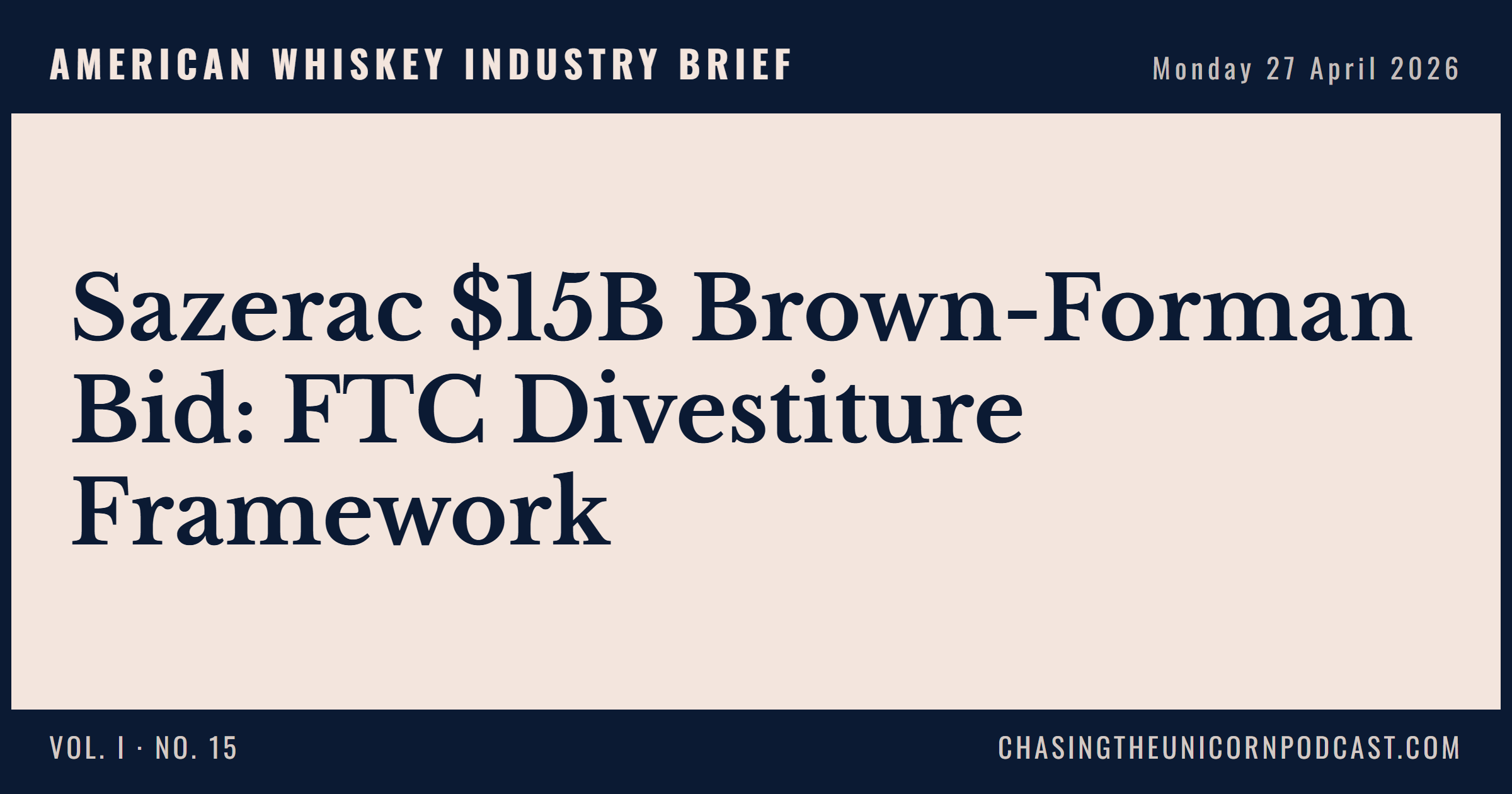 American Whiskey Industry Brief, 27 April 2026 — Sazerac $15B Brown-Forman Bid: FTC Divestiture Framework