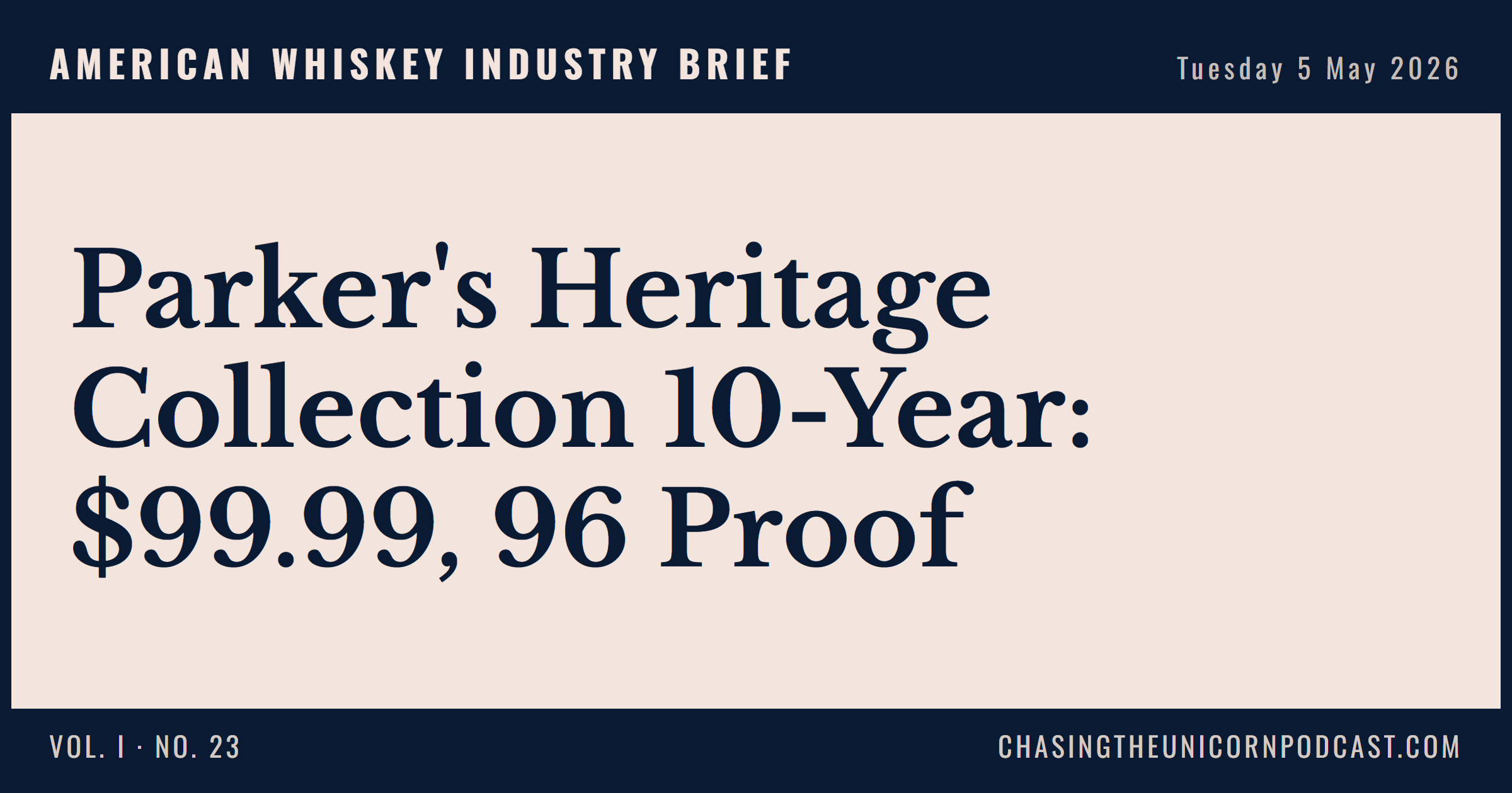American Whiskey Industry Brief, 05 May 2026 — Parker's Heritage Collection 10-Year: $99.99, 96 Proof