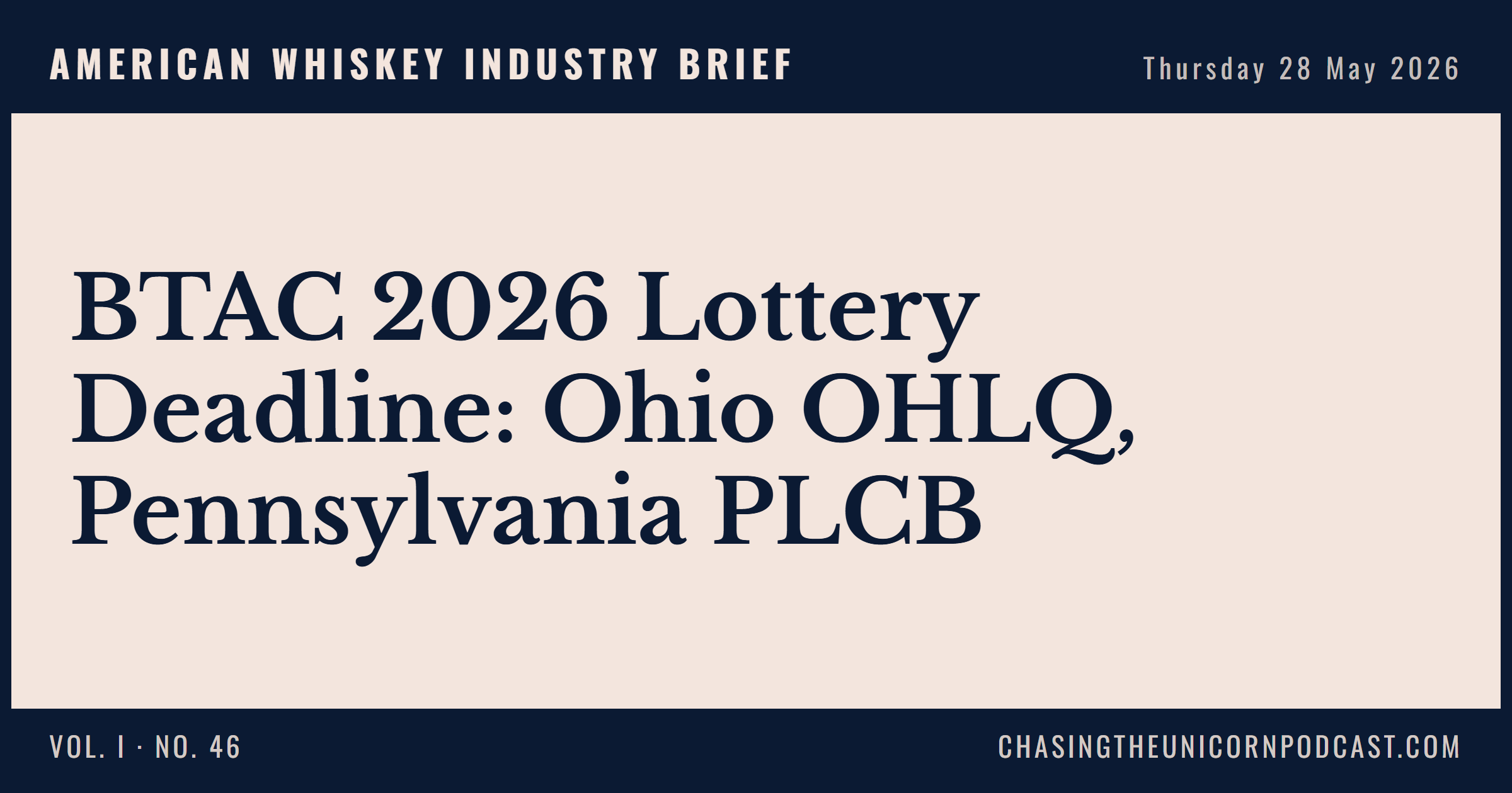 American Whiskey Industry Brief, 28 May 2026 — BTAC 2026 Lottery Deadline: Ohio OHLQ, Pennsylvania PLCB