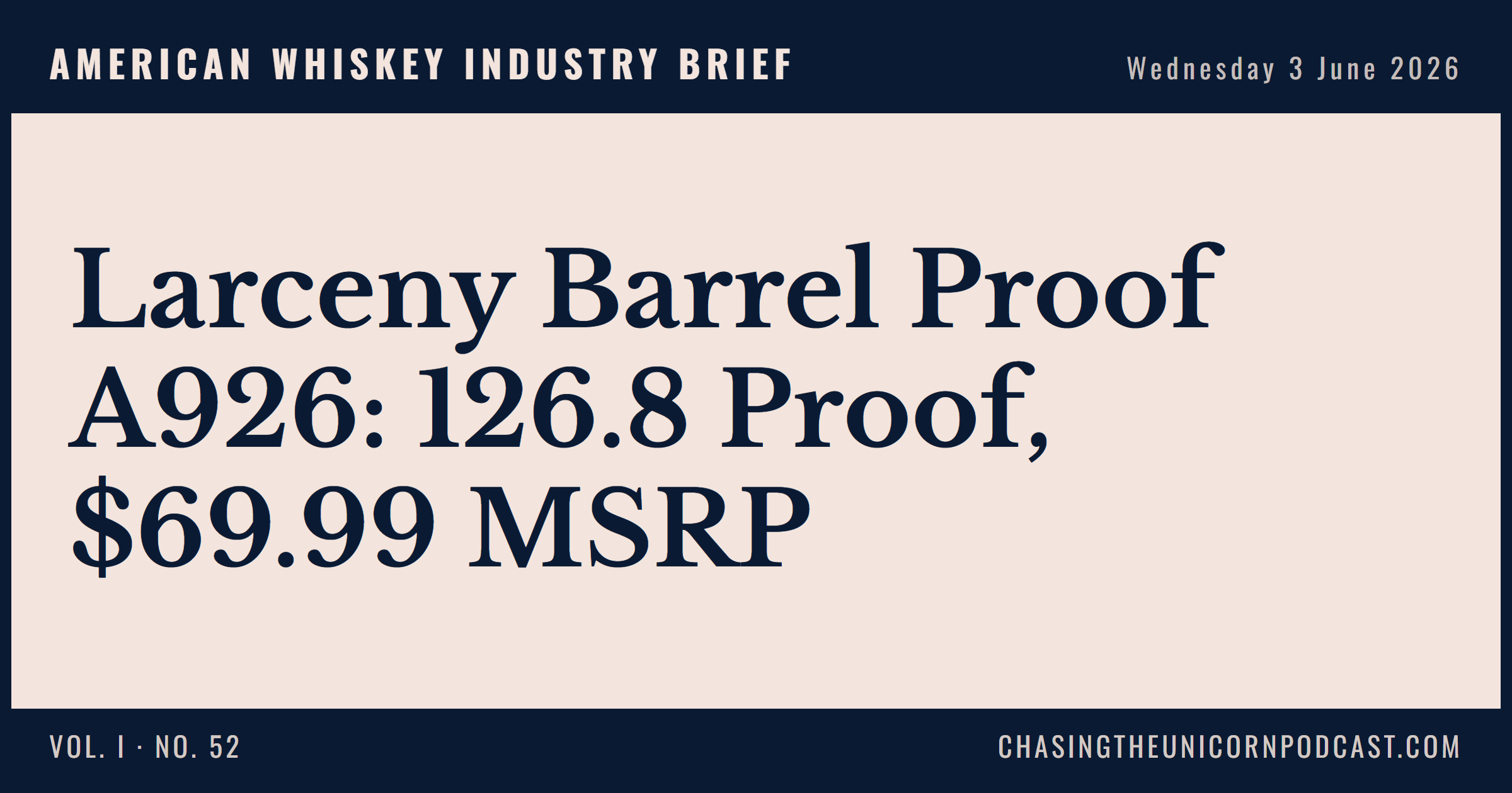 American Whiskey Industry Brief, 03 June 2026 — Larceny Barrel Proof A926: 126.8 Proof, $69.99 MSRP