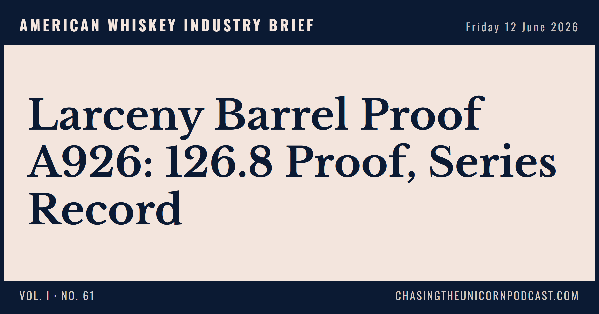 American Whiskey Industry Brief, 12 June 2026 — Larceny Barrel Proof A926: 126.8 Proof, Series Record
