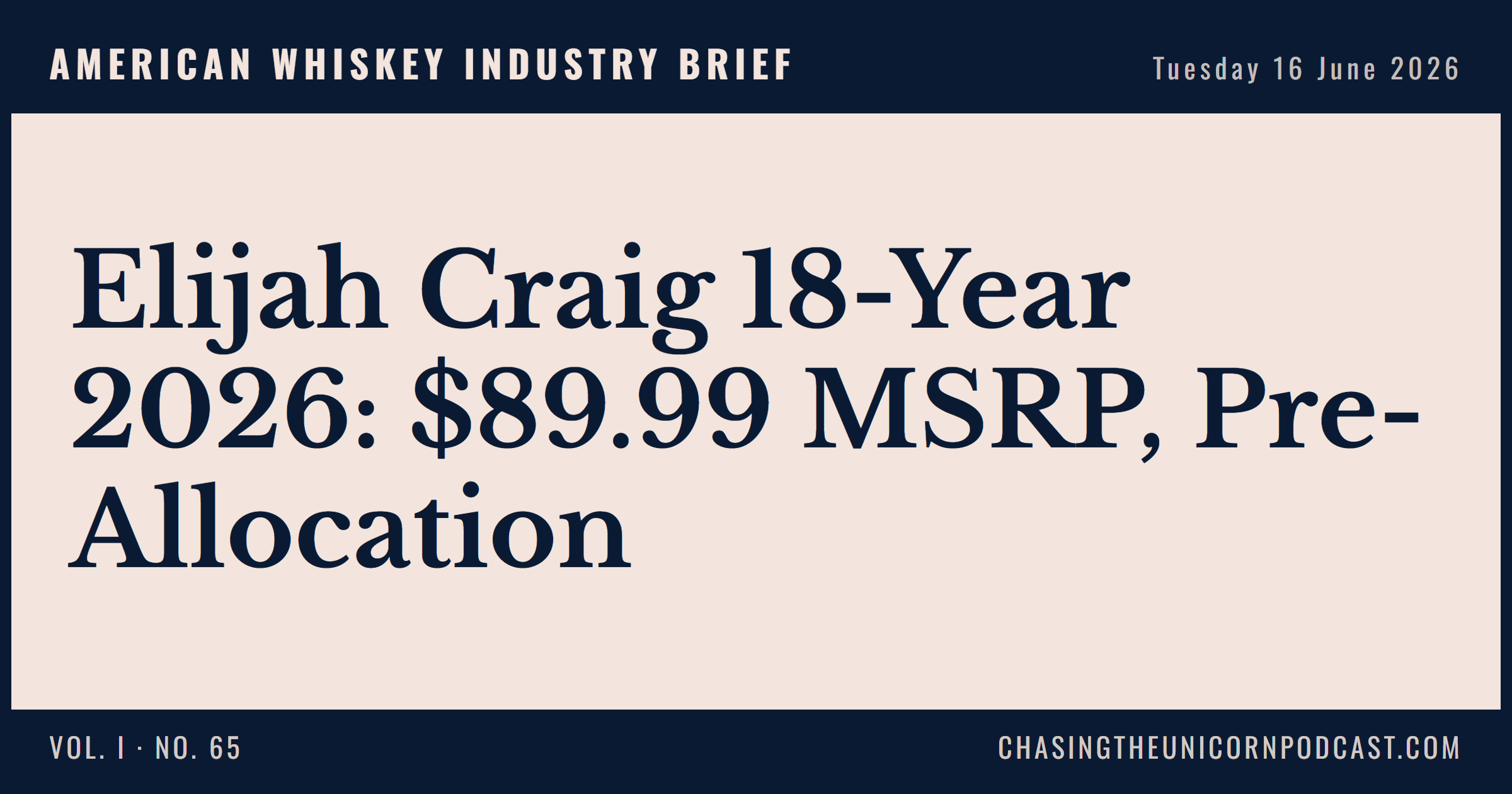 American Whiskey Industry Brief, 16 June 2026 — Elijah Craig 18-Year 2026: $89.99 MSRP, Pre-Allocation
