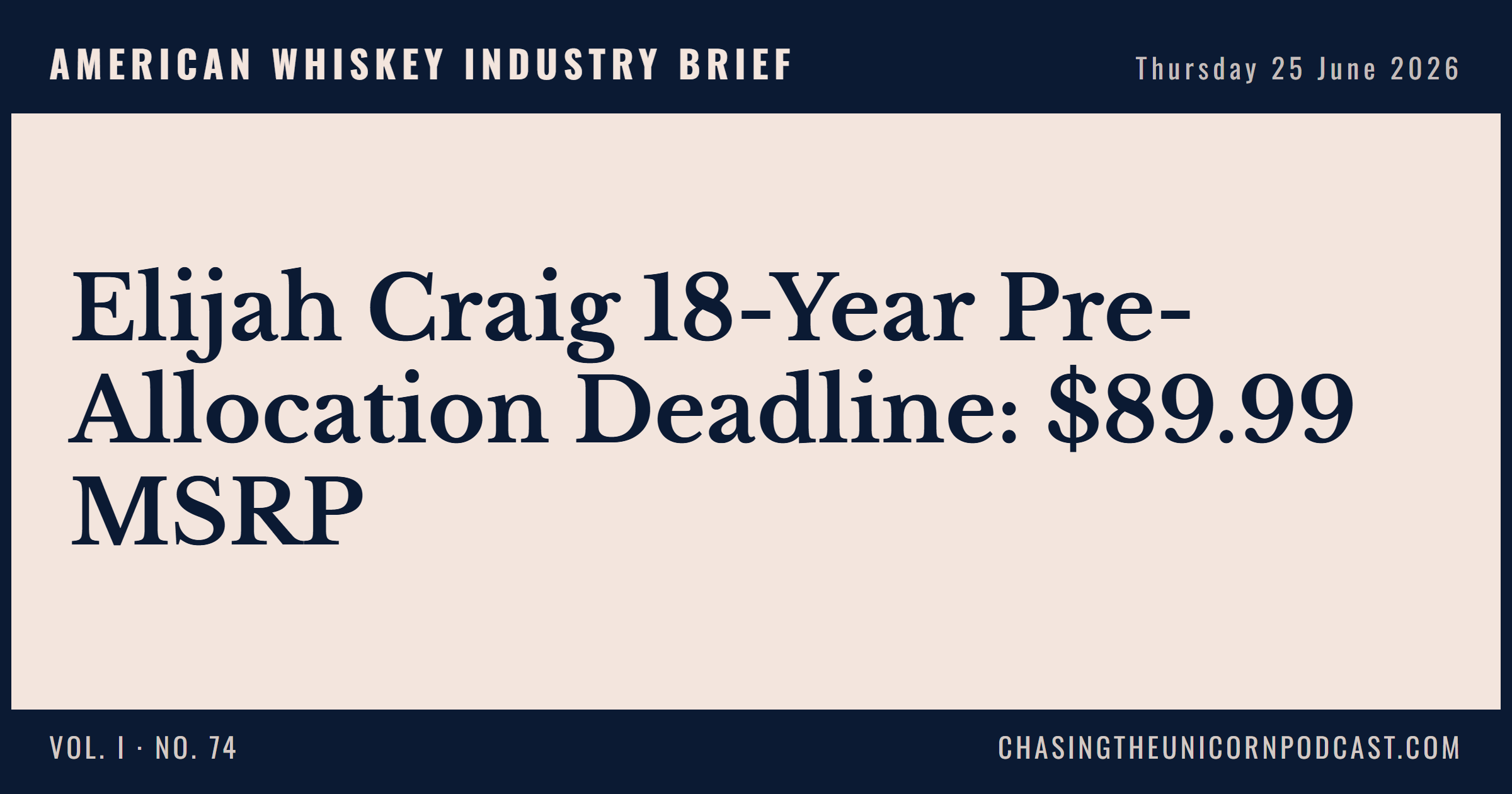 American Whiskey Industry Brief, 25 June 2026 — Elijah Craig 18-Year Pre-Allocation Deadline: $89.99 MSRP
