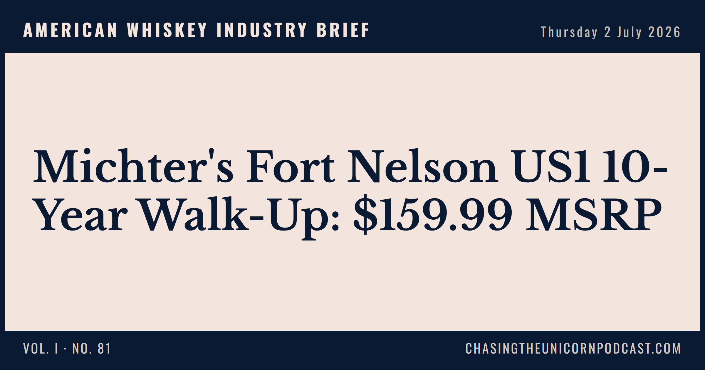 American Whiskey Industry Brief, 02 July 2026 — Michter's Fort Nelson US1 10-Year Walk-Up: $159.99 MSRP