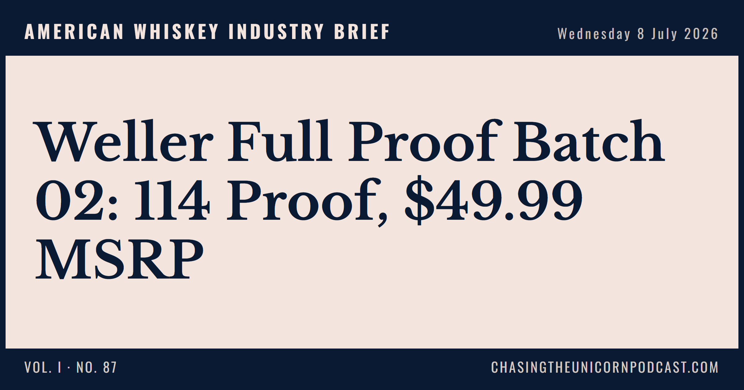 American Whiskey Industry Brief, 08 July 2026 — Weller Full Proof Batch 02: 114 Proof, $49.99 MSRP